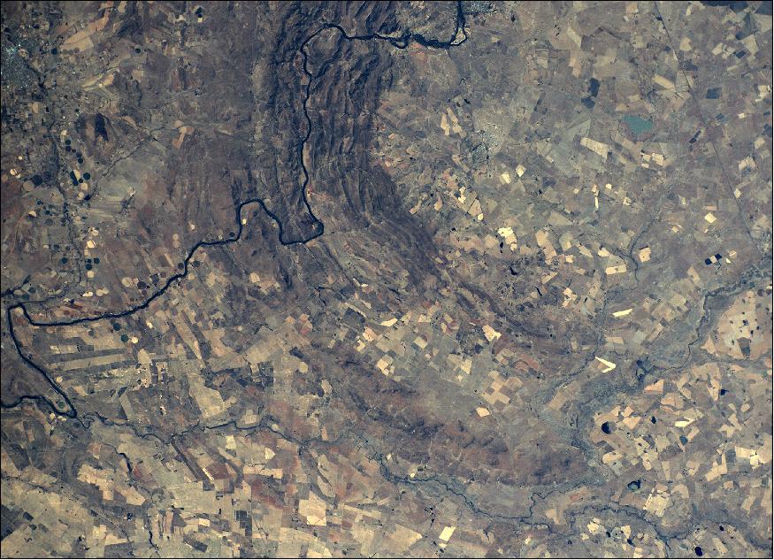 Figure 5: The SCS Gecko imager has successfully produced sequential partly overlapping images taken of Vredefort Dome, an impact crater listed by UNESCO as a World Heritage Site in South Africa. The crater rim with the Vaal River passing through are visible in the central part of the image (image credit: SCSAG)