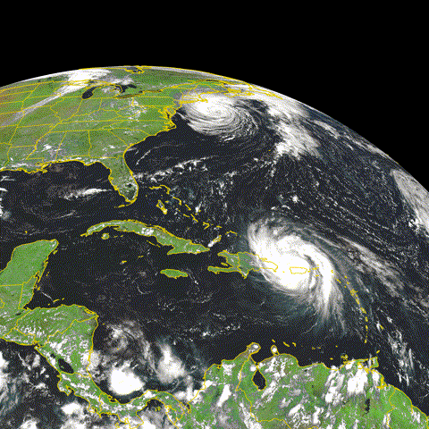Figure 5: This scene shows two tropical cyclones from September 20, 2017 — Hurricane Maria near the Caribbean Sea and Tropical Storm José off the northeast U.S. coast. Data from the CALIPSO lidar and CloudSat radar appear as vertical slices in the atmosphere. CALIPSO lidar data is visualized as a bluish slice, with red and yellow colors denoting more scattering off of clouds and aerosols. CloudSat radar data is superimposed on the CALIPSO slice in brighter colors. Areas of heavier precipitation, found in each storm’s spiral bands, appear in red and pink (image credit: NASA/Roman Kowch)