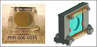 Figure 13: Left: The PFPI-006-V035 right after the piezo-actuators have been glued to the mirrors. Right: The FPI mounted to the support structure with five silicone pads (shown in red), image credit: Aalto University