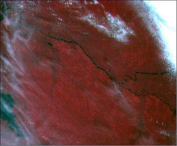 Figure 10: The spectral image was taken over central Africa in August 2018, and it shows and the Tshuapa river near Mbandaka. The "red edge" of vegetation is clearly visible: the reflectance of the forest rapidly increases around 700 nm (image credit: VTT)
