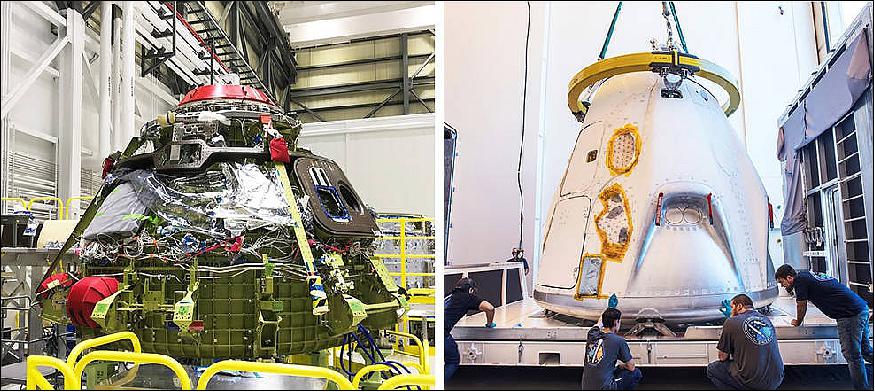 Figure 5: Left: The upper and lower domes of the Boeing CST-100 Starliner Spacecraft 2 Crew Flight Test Vehicle were mated June 19, 2018, inside the Commercial Crew and Cargo Processing Facility (C3PF) at NASA's Kennedy Space Center. The Starliner will launch astronauts on a United Launch Alliance Atlas V rocket to the International Space Station as part of NASA's Commercial Crew Program. Right: The SpaceX Crew Dragon spacecraft that will be used for the company's uncrewed flight test, known as Demonstration Mission 1 (DM-1), arrived to Cape Canaveral Air Force Station on July 10, 2018. The spacecraft recently underwent thermal vacuum and acoustic testing at NASA's Plum Brook Station in Ohio. The Demonstration Mission 1 flight test is part of NASA's Commercial Crew Transportation Capability contract (image credit: Photo on the left, Boeing, on the right: NASA/SpaceX)