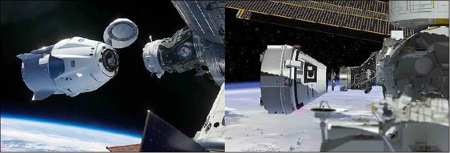 Figure 2: NASA's Commercial Crew Program is working with the American aerospace industry as companies develop a new generation of spacecraft and launch systems to carry crews safely to and from low-Earth orbit — at left the SpaceX Crew Dragon, and at right the Boeing CST-100 Starliner (image credit: NASA, Ref. 14)