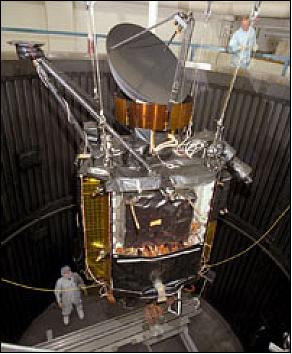 Figure 9: QuikSCAT spacecraft in the thermal vacuum chamber at BATC (image credit: BATC)