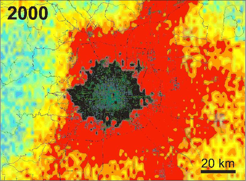 Figure 4: Data from NASA's QuikSCAT satellite show the changing extent of Beijing between 2000 and 2009 through changes to its infrastructure (image credit: NASA/JPL, Caltech)