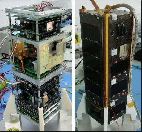 Figure 6: Photo of the AlSat-1N FM during integration (left) and completed with umbilical (right), image credit: AlSat-1N Team