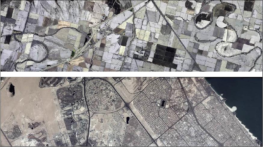 Figure 2: Top: Raw Carbonite-1 strip image of Walnut Ridge, USA, Bottom: Strip image of Dubai, UAE, acquired in 2016 (Ref. 2)