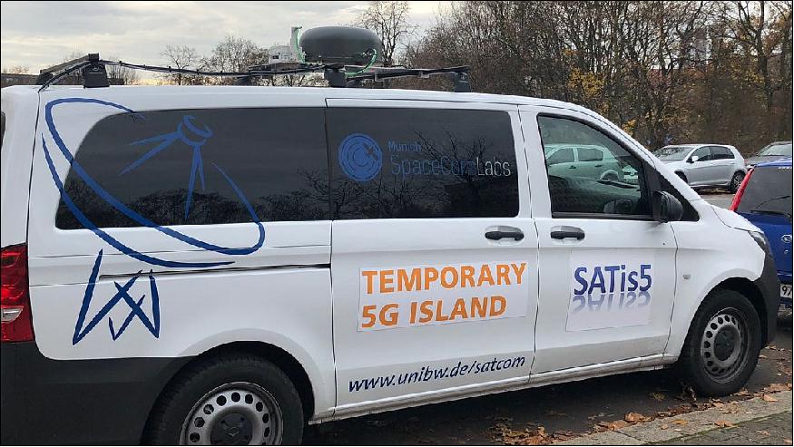 Figure 6: A SATis5 demonstration took place on 15 and 16 November 2018 at Fraunhofer FOKUS in Berlin. It showed data from five LTE sensors, representing active devices like a phone, wearable, or car, act out an IoT-style multimedia exchange, thanks to the SATis5 combined space-and-ground network routing the data to the Fraunhofer 5G Playground (image credit: ESA, M. Guta)