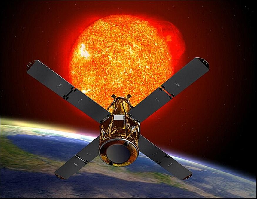 Figure 1: Artist's view of the RHESSI spacecraft viewing the sun (image credit: NASA, UCB)