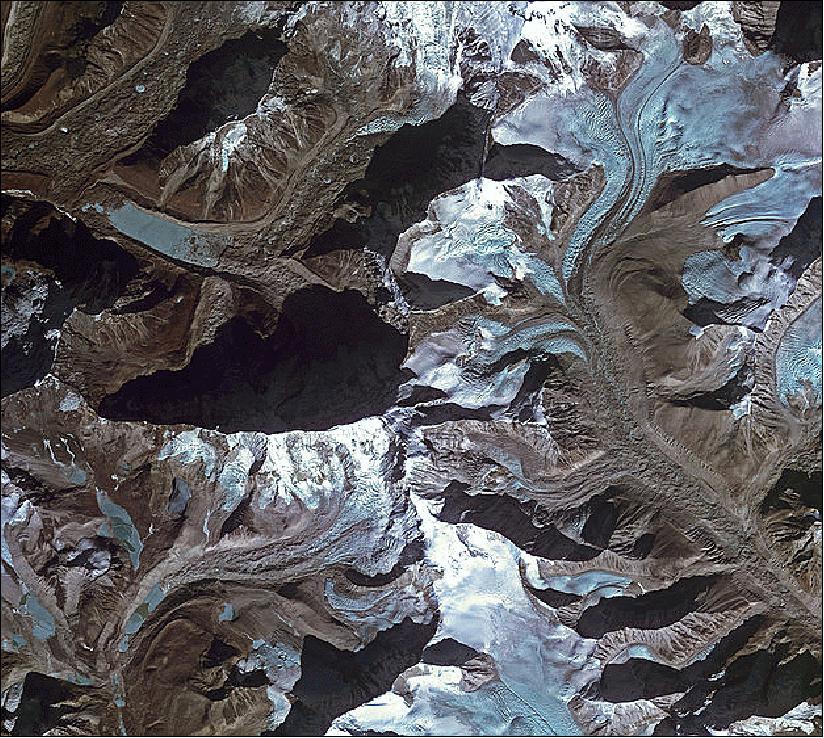 Figure 17: KOMPSAT-2 image of the Imja glacier in the Himalayas, acquired on January 14, 2013 (image credit: KARI, ESA)