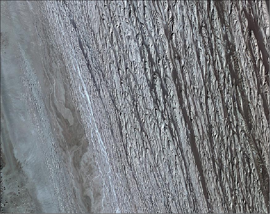 Figure 14: Wind-carved ridges and furrows in southeast Iran's Dasht-e Lut salt desert, this image was acquired on Nov. 4, 2011 (image credit: KARI, ESA)
