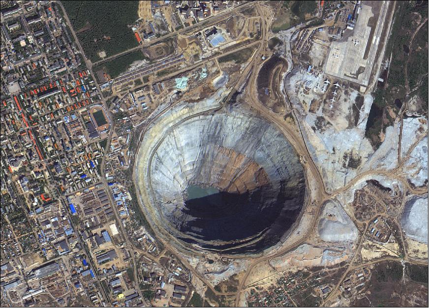Figure 10: KOMPSAT-3A satellite image of the Mir diamond mine in Eastern Siberia, acquired on Aug. 17, 2016 (image credit: KARI, SIIS) 12)