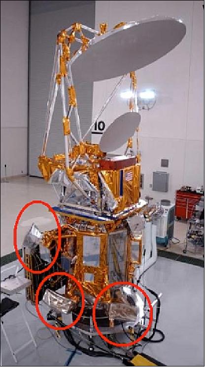 Figure 8: The Coriolis spacecraft with the SMEI instrument (red rings) and the Windsat antenna prior to launch (image credit: NRL, AFRL) 31)