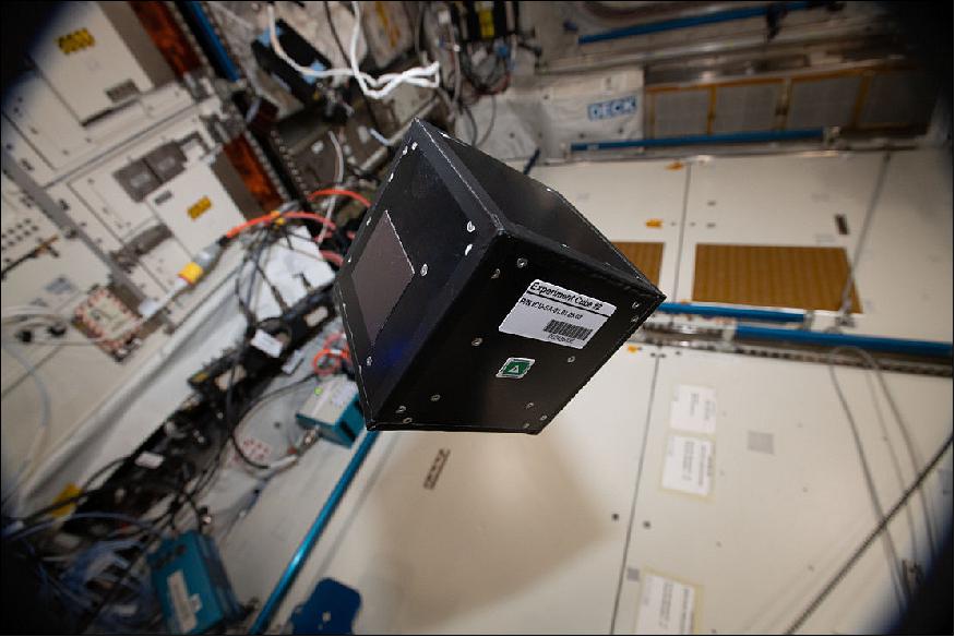 Figure 6: Floating ICE — an ICE Cubes commercial experiment cube on the ISS: The 10 x 10 x 10 cm cubes, like the one in this photo taken by Canadian astronaut David Saint-Jacques, houses an experiment developed by the International Space University based in Strasbourg, France (image credit: ESA)