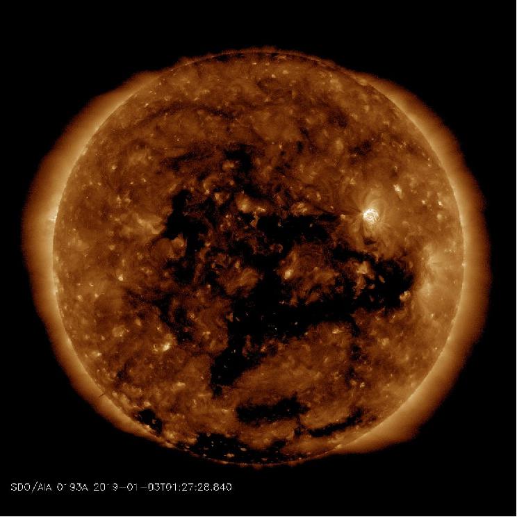 Figure 6: A coronal hole in the Sun, observed by NASA's Solar Dynamics Observatory on 5 January 2019. The resulting geomagnetic activity was measured through satellite navigation measurements by the 'Antarctica Unexplored 2018-2019' expedition in Antarctica. Coronal holes are open areas in the Sun's outer layer, the corona, that allow the solar wind to leave the Sun and reach Earth, triggering moderate geomagnetic storms (image credit: NASA)