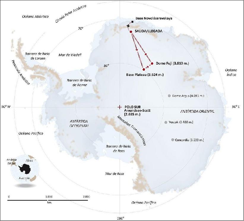 Figure 2: Expedition route: This four-person 'Antarctica Unexplored 2018-2019' expedition left Russia's Novolazarevskaya Base on 12 December 2018. For more than 40 days they made their way to Dome Fuji, a 3810-m high ice dome in Eastern Antarctica – one of the coldest places on Earth. After reaching the high point on 21 January 2019, they are now back at the Russian base. This expedition, mounted by Spain's Asociación Polar Trineo de Viento, is employing a unique zero-emission vehicle specially designed for polar exploration. The Inuit WindSled is a multi-part sledge the size of a lorry, complete with mounted tents and solar power panels, pulled through the ice using a mammoth 150 m2 size kite (image credit: ESA)