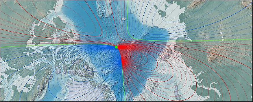 Figure 6: As Earth's magnetic field varies over time, the positions of the North and South Magnetic Poles gradually change. Magnetic declination—the angle between magnetic North and true North—at a given location also changes over time. Our Historical Magnetic Declination Map Viewer displays locations of the geomagnetic poles and historical declination lines calculated for the years 1590–2020 (image credit: NOAA NCEI) 7)