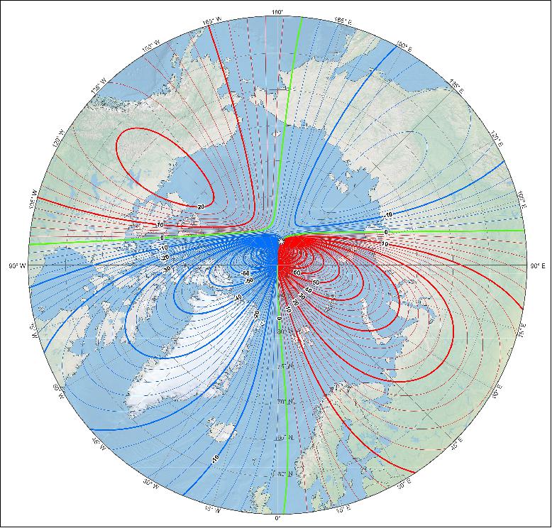 Figure 5: This map shows the location of the north magnetic pole (white star) and the magnetic declination (contour interval 2 degrees) at the beginning of 2019 (image credit: NOAA NCEI/CIRES)