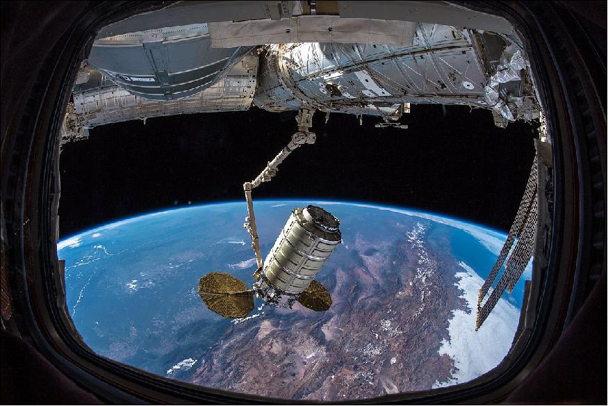 Figure 6: The NG-10 Cygnus being moved to the Earth-facing port of the Unity module following capture (image credit: NASA)