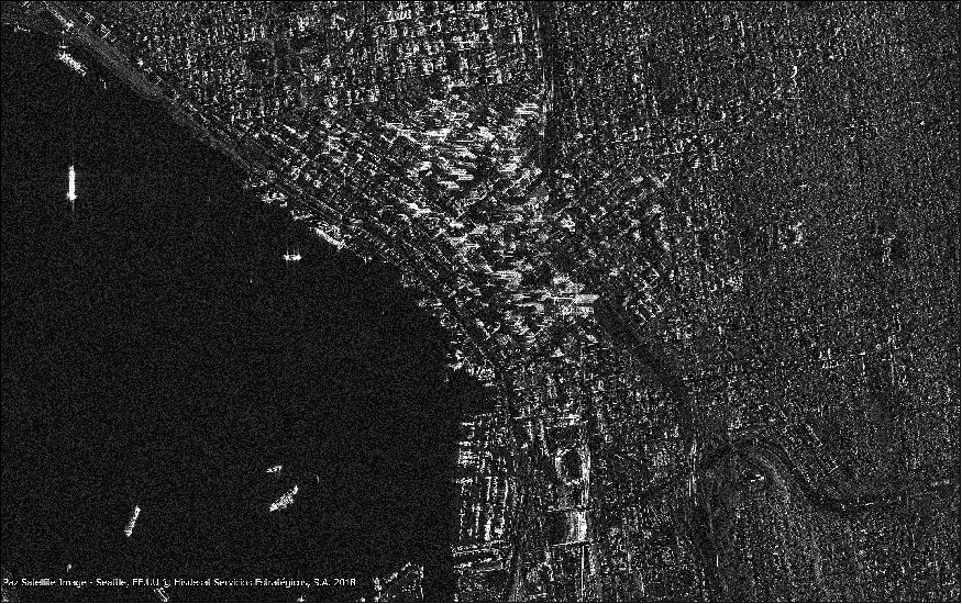 Figure 10: SAR VV HR spotlight image (Multilook Ground Detected-Spatially Enhanced) of Seattle, WA, USA, acquired on 19 April 2018 (image credit: Hisdesat Servicios Estratégicos, S. A.)