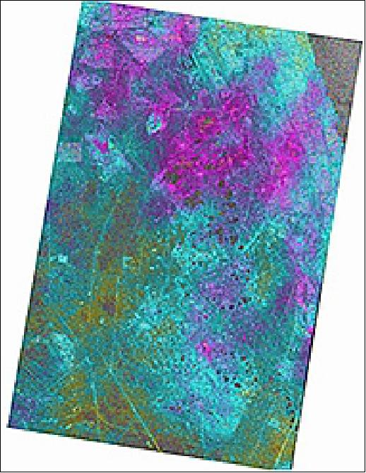Figure 7: Flattened TerraSAR-X/PAZ cross-interferogram (geocoded) over Burgan Oilfield, Kuwait Interferograms are typically used to derive the topographic elevation and deformation of the Earth’s surface, and are created using at least two different images acquired at different dates. This flattened Cross-Sensor-Interferogram has been created from a mixed image pair with 4 days temporal separation acquired by TerraSAR-X and PAZ (StripMap scenes from 22 and 26 November 2018). The area covers the oil and gas production site Burgan (Kuwait) and parts of the Persian Gulf. The oil field is the world largest sandstone oil field with the total surface area of about 1,000 km2.