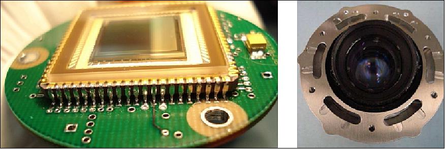 Figure 19: Photos of the LCMS CMOS image sensor (left) and optics (right), image credit: SSTL/DMCii