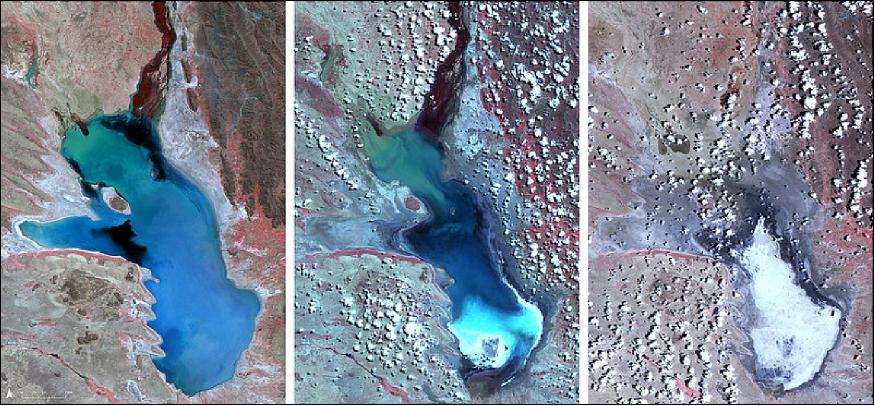 Figure 13: A series of UK-DMC-2 images were collected over Poopó Lake in Bolivia showing the decline in Water levels in 2013 (left) to 2016 (right), image credit: DMCii, Airbus DS 18)
