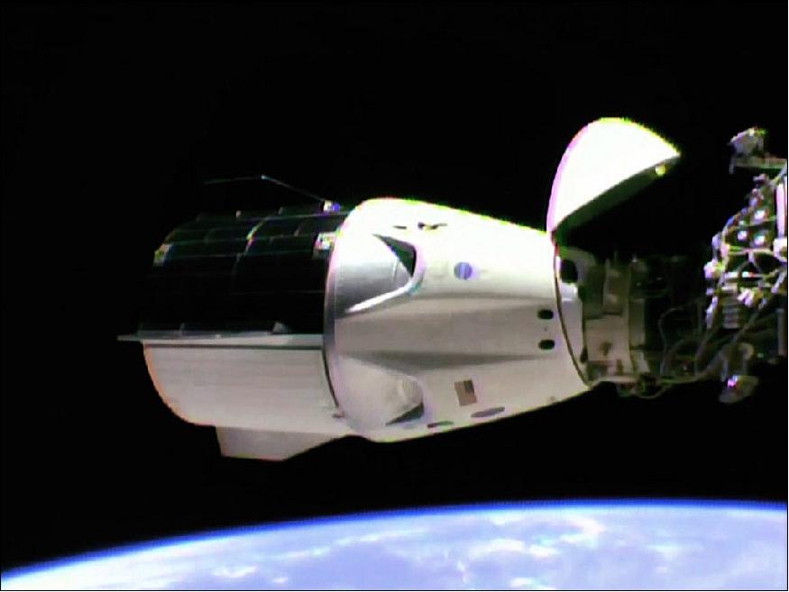 Figure 5: The SpaceX Crew Dragon is docked to the station's international docking adapter which is attached to the forward end of the Harmony module (image credit: NASA TV)