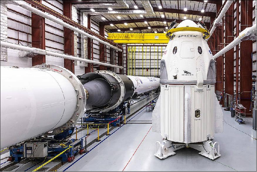 Figure 1: SpaceX's Crew Dragon spacecraft and Falcon-9 rocket are positioned at the company's hangar at Launch Complex 39A at NASA's Kennedy Space Center in Florida, ahead of the Demo-1 flight test targeted for Jan. 17, 2019. The Demo-1 flight test is the precursor to the company's Demo-2 flight test, which will fly NASA astronauts to the International Space Station as part of NASA's Commercial Crew Program. Demo-2 is targeted for June 2019 (image credit: SpaceX) 2)
