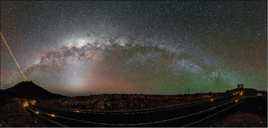Figure 7: The Milky Way arches over the VLT (clearly deploying its laser guide star capability) and VISTA (on the right). By 2022, VISTA will have transformed into 4MOST with operations beginning towards the end of the year (image credit: ESO, G. Hüdepol)