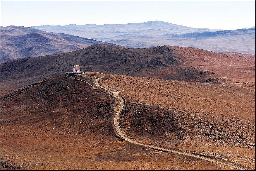 Figure 2: This view of the reddish, Mars-like landscape of the Atacama Desert around the VISTA (Visible and Infrared Survey Telescope for Astronomy), was taken from the neighboring Cerro Paranal, home of ESO's Very Large Telescope (VLT). VISTA started operations at the end of 2009 and the latest telescope to be added to ESO's Paranal Observatory, located some 120 km south from Antofagasta, in the II Region of Chile. VISTA is the largest telescope in the world dedicated to surveying the sky and works at near-infrared wavelengths (image credit: ESO/José Francisco Salgado) 7) 8)