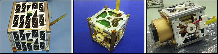 Figure 8: Left:“Alexander” PhoneSat-2.0β with solar panels, Center: “Graham” PhoneSat-1.0, Right: “Bell” PhoneSat-1.0 with Iridium experiment attached (image credit: NASA) 10)