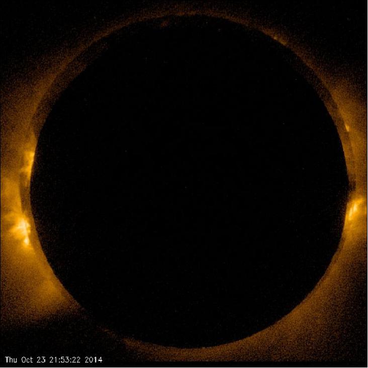 Figure 12: Hinode captures images of a partial solar eclipse, visible from much of North America before sundown on Thursday, Oct.23, 2014 (image credit: NASA,JAXA, SAO, David McKenzie) 28)