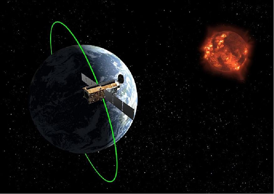 Figure 3: Artist's view of the Earth-orbiting Hinode spacecraft observing the sun (image credit: ESA)