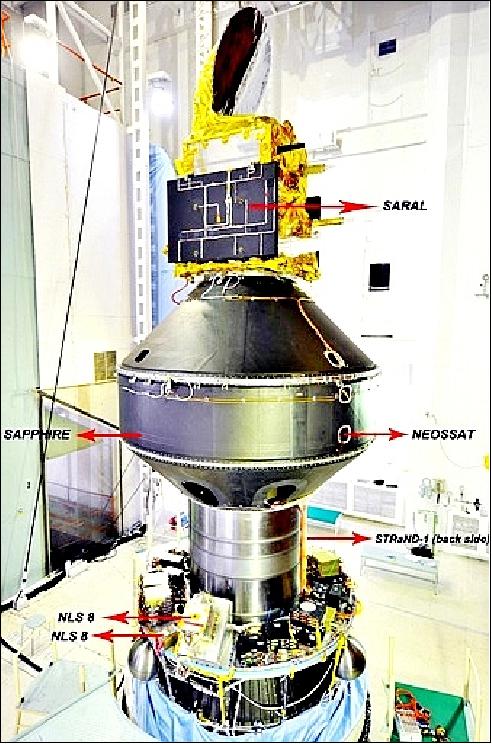 Figure 10: This image shows the various spacecraft on the PSLV-C20 upper stage (image credit: UTIAS/SFL, Ref. 25)