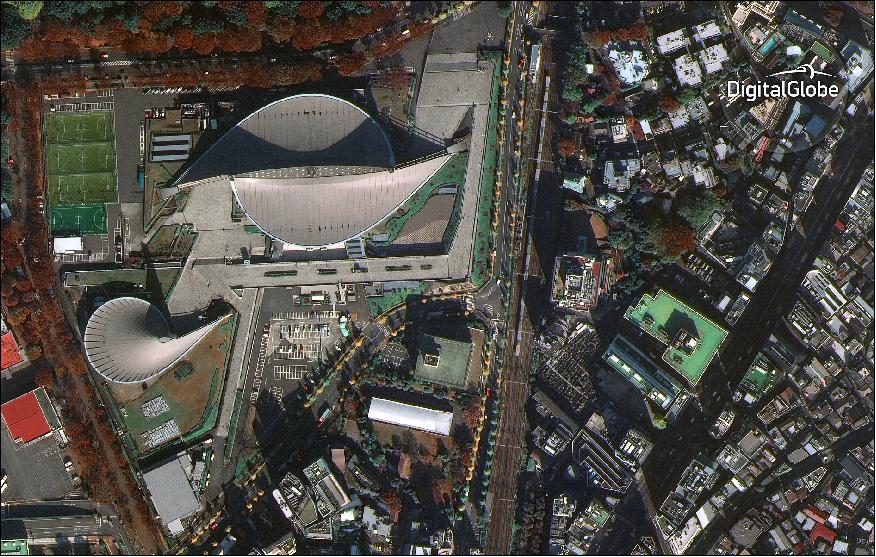 Figure 13: WorldView-4's first public image, taken on November 26, 2016, features the Yoyogi National Gymnasium in Shibuya, Tokyo. The site hosted events during the 1964 Olympic Games and will again host international competition when the games return to Tokyo in 2020 (image credit: DigitalGlobe)