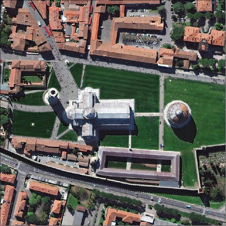 Figure 10: Sample WorldView-4 image of the Leaning Tower of Pisa, Italy, acquired on March 28, 2017 (EUSI, DigitalGlobe)