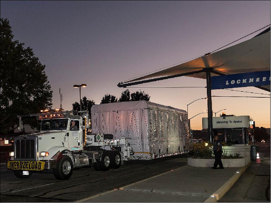 Figure 4: Photo of the "cleanroom transport" with WorldView-4 aboard leaving the Lockheed facility in Sunnyvale, CA (image credit: Lockheed)