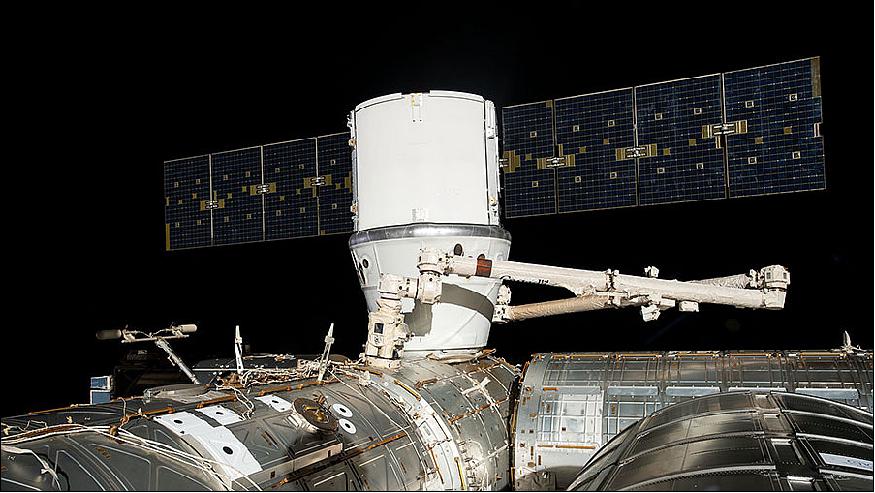 Figure 7: The SpaceX Dragon cargo craft is installed to the Harmony module's Earth-facing port a few hours after it was captured by astronauts David Saint-Jacques and Nick Hague with the Canadarm2 robotic arm on May 6, 2019 (image credit: NASA)