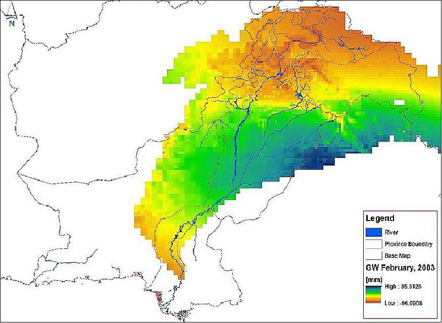 Figure 20: Pakistan water managers used NASA GRACE satellite data to produce this map of monthly groundwater changes in the Indus River Basin. Orange and yellow indicates areas where groundwater might be depleted, while blue and green highlights areas where groundwater is being replenished (image credit: Pakistan Council of Research in Water Resources)