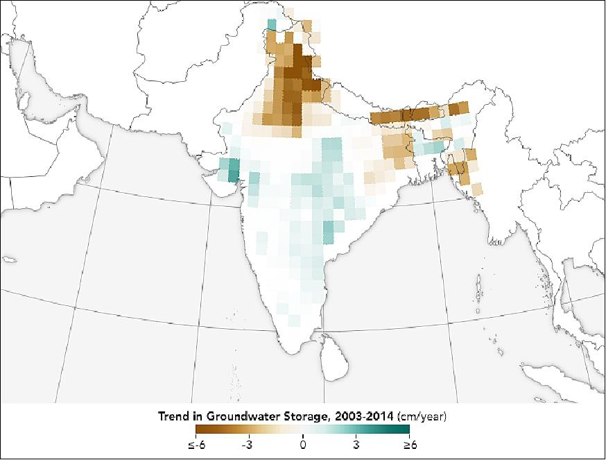 Figure 12: Study of GRACE long-term observation data in India show groundwater storage trends of aquifers throughout the country (image credit: NASA Earth Observatory, image by Joshua Stevens, using GRACE data from Bhanja, Soumendra N., et al. (2017), Story by Kathryn Hansen)