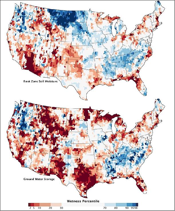 Figure 33: Water storage maps of the USA - the top map was acquired on Aug. 5, 2012, the bottom map was acquired on June 3, 2013 (image credit: NASA)