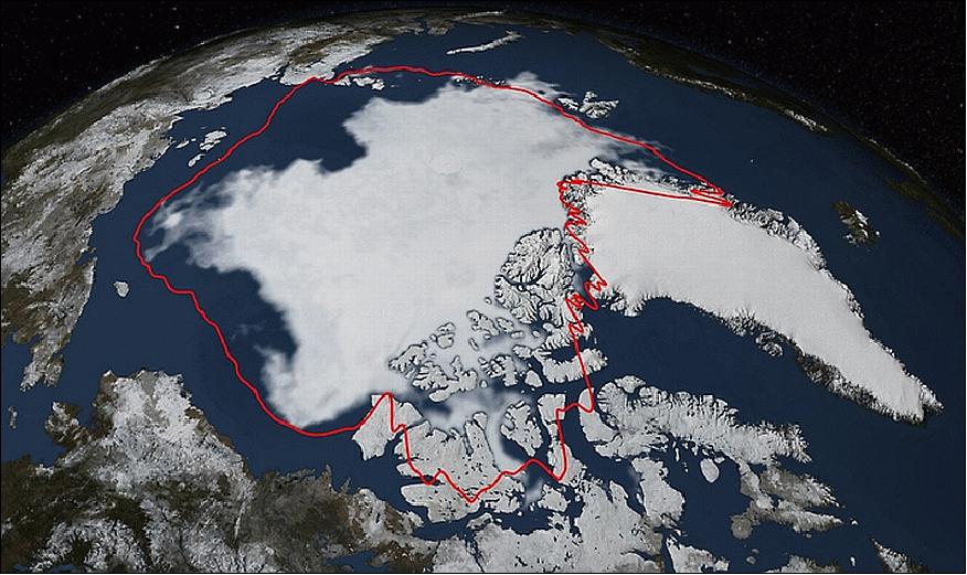 Figure 26: Arctic sea ice hit its annual minimum on Sept. 17, 2014. The red line in this image shows the 1981-2010 average minimum extent. The map is based from data of the AMSR2 instrument on the GCOM-W1 satellite of JAXA (Japan Aerospace Exploration Agency), image credit: NASA, NSIDC