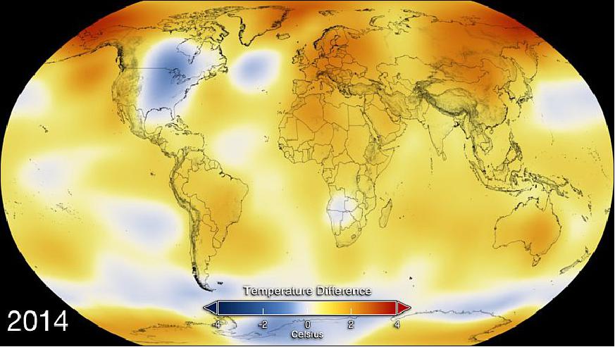 Figure 22: This color-coded map displays the global temperature anomaly data from 2014 (image credit: NASA/GSFC)