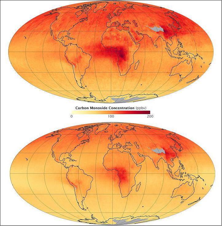 Figure 20: Earth's CO concentration acquired with MOPITT on Terra in 2000 (top) and in 2014 (bottom), image credit: NASA Earth Observatory, Jesse Allen and Joshua Stevens