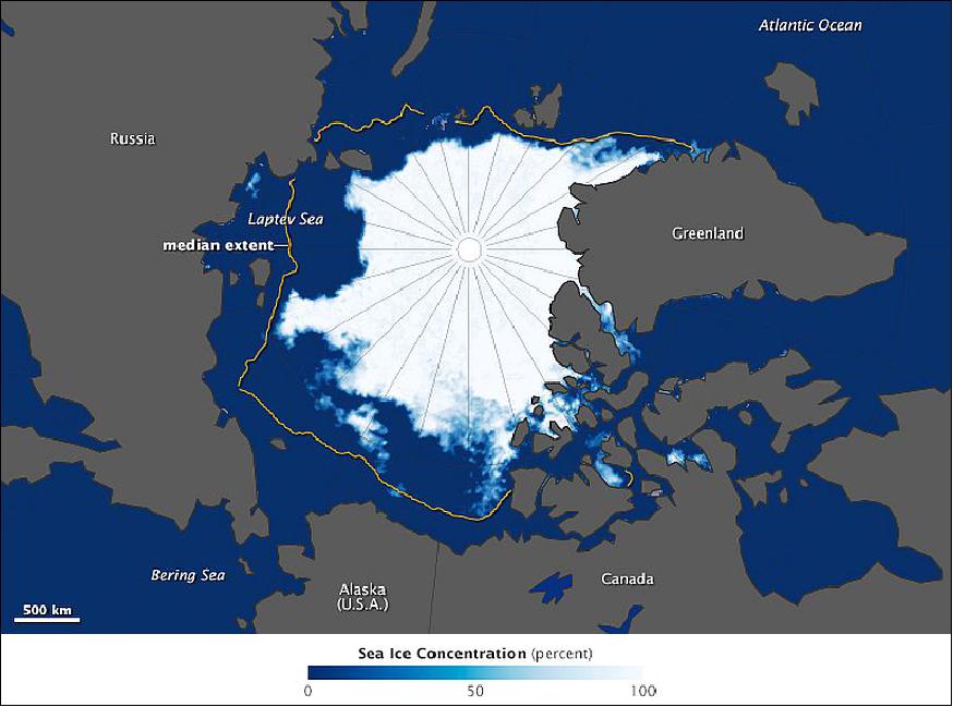 Figure 19: Different projection of the minimum Arctic sea ice extend on Sept. 11, 2015, using data from the AMSR-2 instrument on GCOM-W1. The yellow outline on the map shows the median sea ice extent observed in September from 1981 through 2010 (image credit: NASA Earth Observatory, Jesse Allen) 13)
