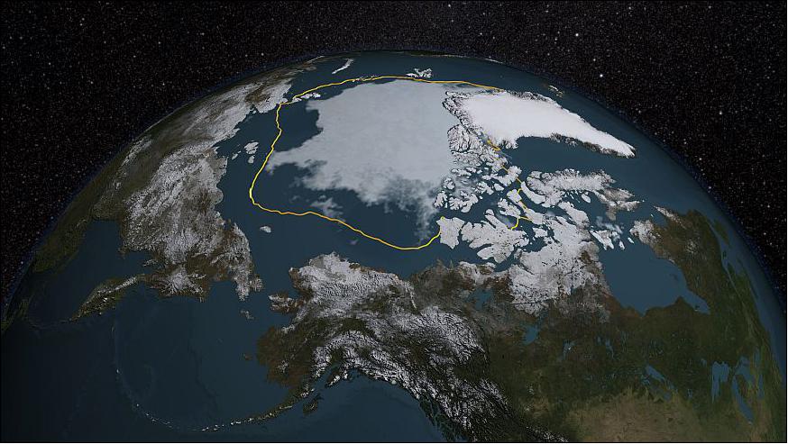 Figure 18: The 2015 Arctic sea ice summertime minimum is 1.81 million km2 below the 1981-2010 average, shown here as a gold line (image credit: NASA/GSFC Scientific Visualization Studio)
