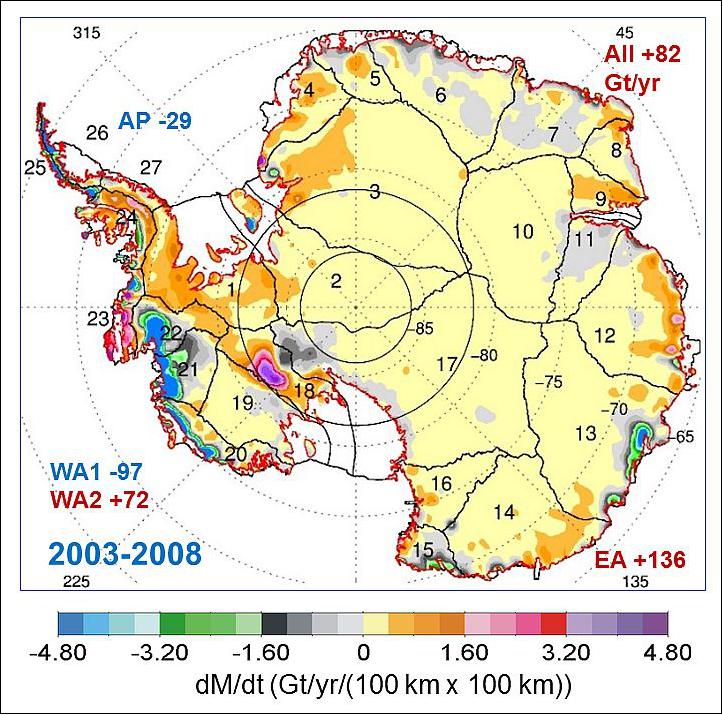Figure 15: The map is showing the rates of mass changes from ICESat 2003-2008 over Antarctica. Sums are for all of Antarctica: East Antarctica (EA, 2-17); interior West Antarctica (WA2, 1, 18, 19, and 23); coastal West Antarctica (WA1, 20-21); and the Antarctic Peninsula (24-27). A gigaton (Gt) corresponds to a billion metric tons (image credit:Jay Zwally, Journal of Glaciology)