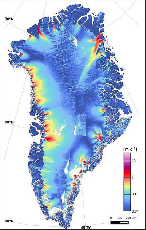 Figure 13: Ice velocity map (magnitude, in logarithmic scale) of the Greenland Ice Sheet derived from SAR data of the Sentinel-1A satellite, acquired in Interferometric Wide Swath Mode (IW) between January and March 2015 (color scale in meters per day), image credit: ESA .