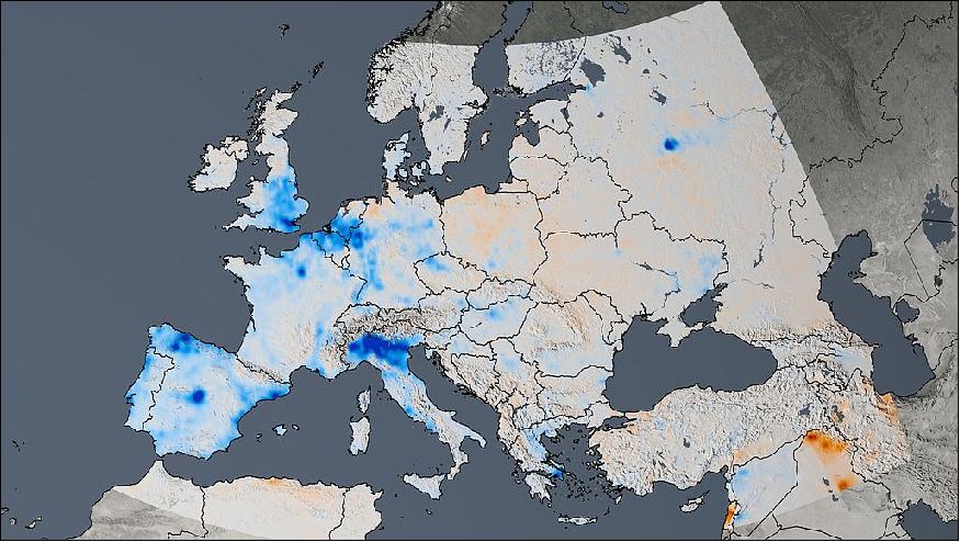 Figure 11: The trend map of Europe shows the change in nitrogen dioxide concentrations from 2005 to 2014 (image credit: NASA/GSFC)