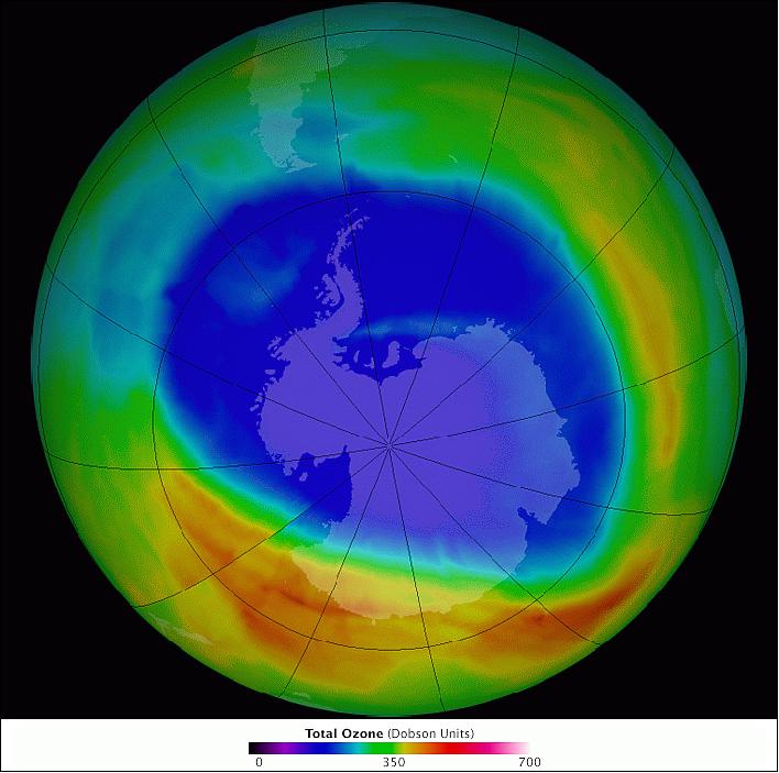 Figure 40: Antarctic ozone hole (false color view) on September 12, 2014, as observed by the OMI (Ozone Monitoring Instrument) on the Aura satellite (image credit: NASA Earth Observatory)
